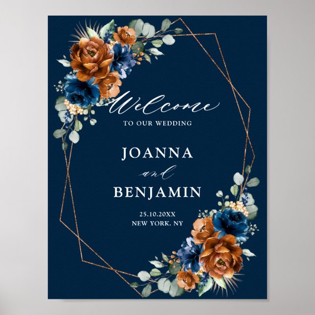 Terracotta Navy Blue Greenery Wedding Welcome Post Poster (Front)