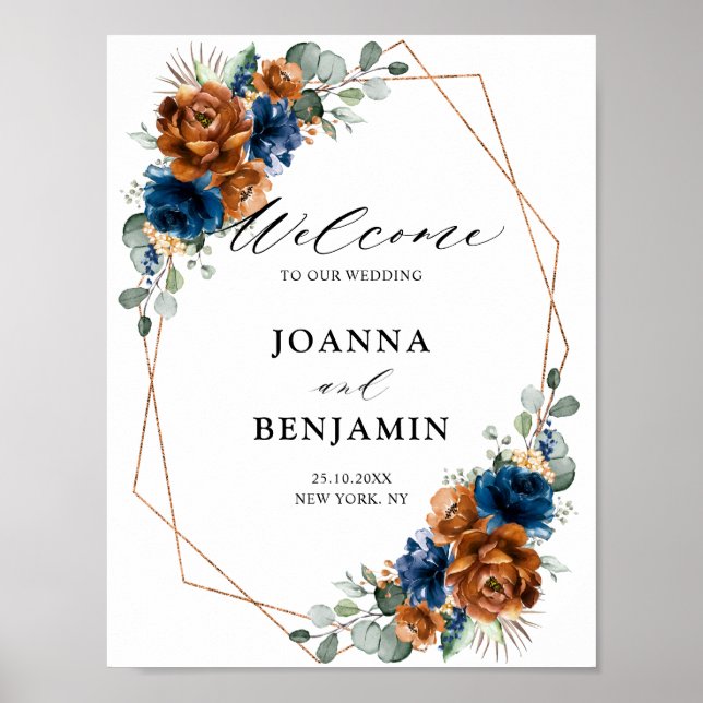 Terracotta Navy Blue Greenery Wedding Welcome Poster (Front)