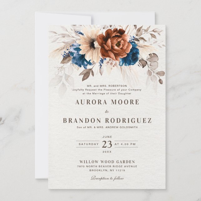 Terracotta Navy Blue Pampas Grass Botanical Weddin Invitation (Front)