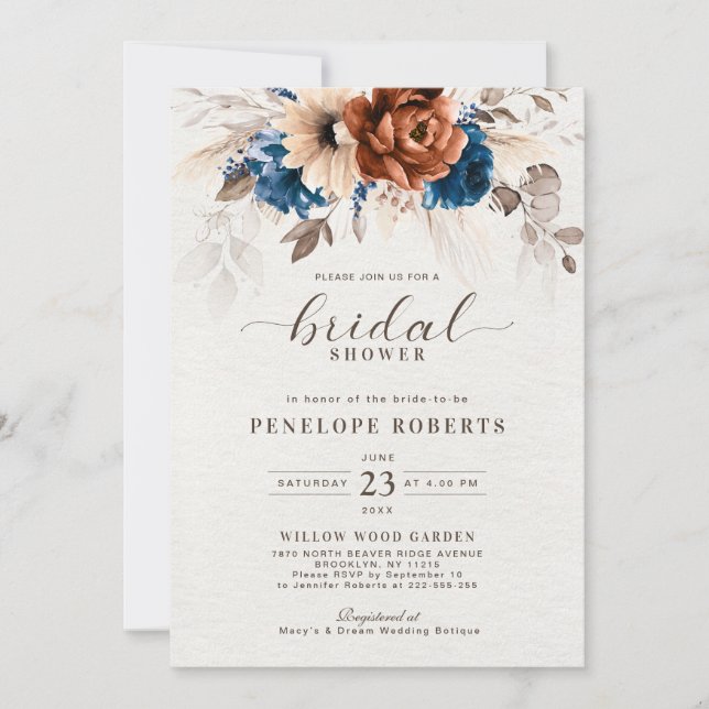 Terracotta Navy Blue Pampas Grass Bridal Shower Invitation (Front)