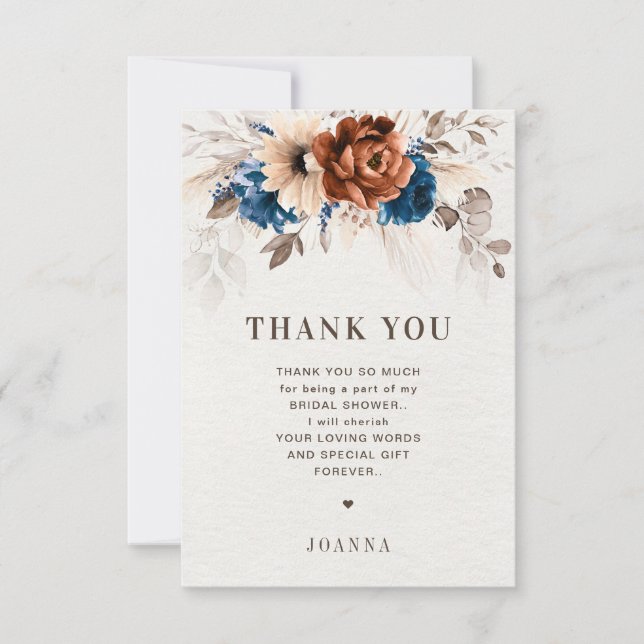 Terracotta Navy Blue Pampas Grass Bridal Shower Thank You Card (Front)