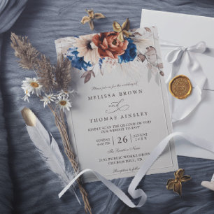 Terracotta Navy Blue Pampas Grass QR Code Wedding Invitation