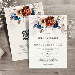 Terracotta Navy Blue Pampas Grass QR Code Wedding Invitation