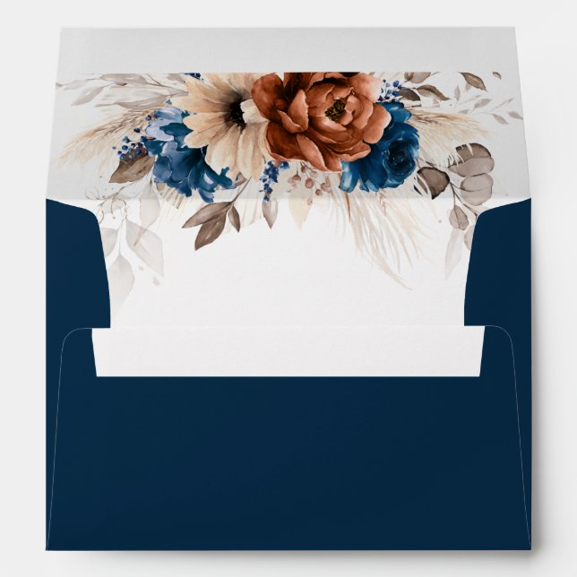 Terracotta Navy Blue Pampas Grass Rustic Wedding Envelope (Back (Bottom))