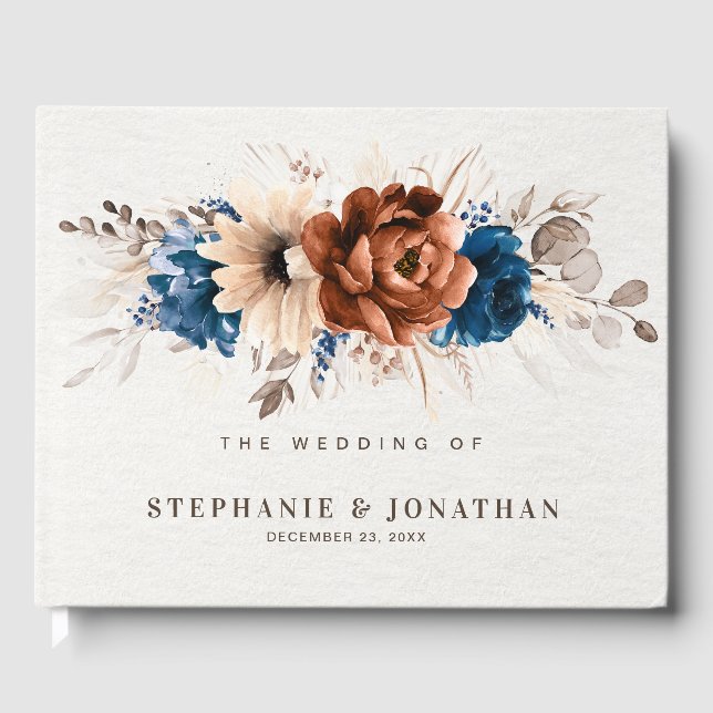 Terracotta Navy Blue Pampas Grass Rustic Wedding Guest Book (Front)