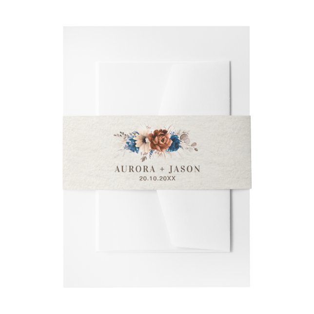 Terracotta Navy Blue Pampas Grass Rustic Wedding Invitation Belly Band (Front Example)