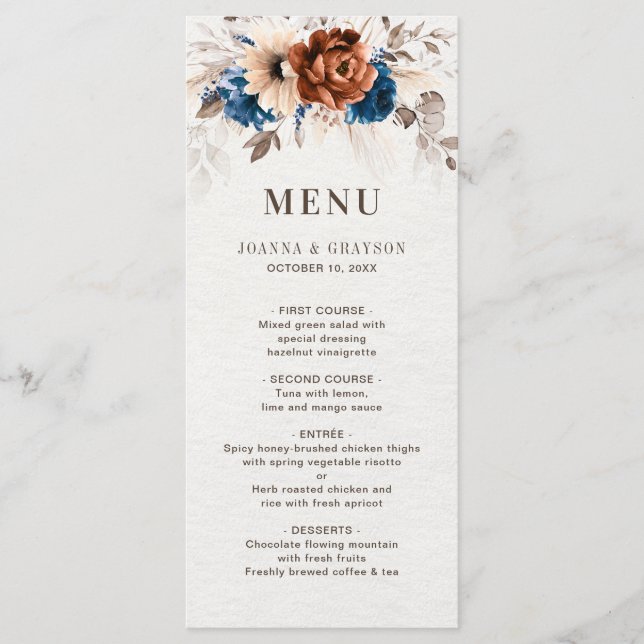 Terracotta Navy Blue Pampas Grass Rustic Wedding Menu (Front)