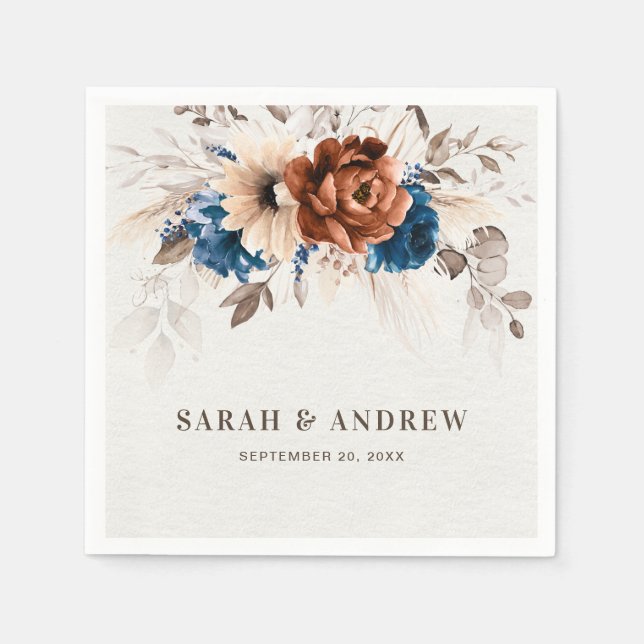 Terracotta Navy Blue Pampas Grass Rustic Wedding Napkin (Front)