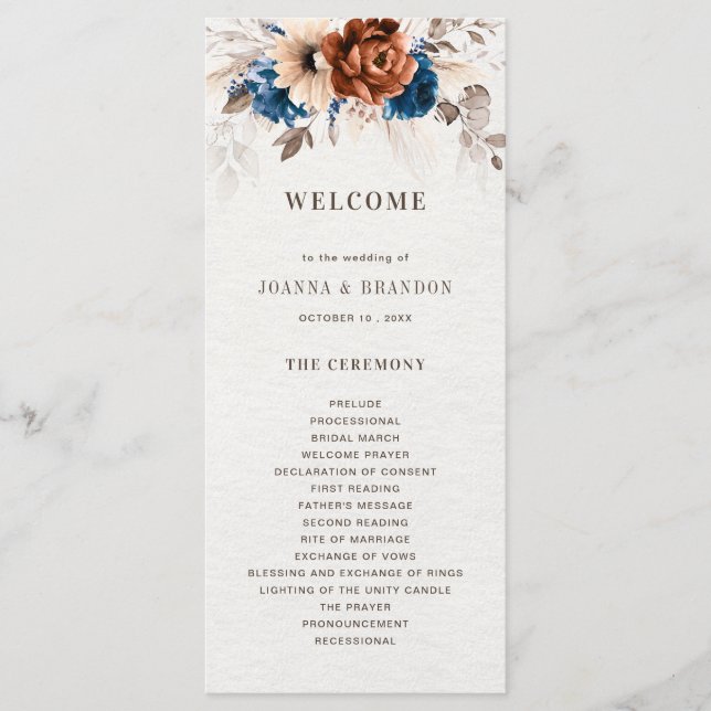 Terracotta Navy Blue Pampas Grass Rustic Wedding Programme (Front)