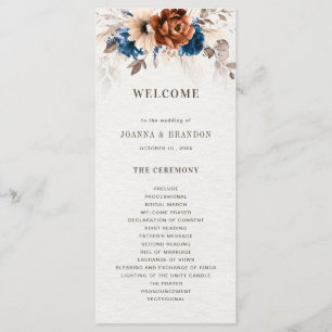 Terracotta Navy Blue Pampas Grass Rustic Wedding Programme