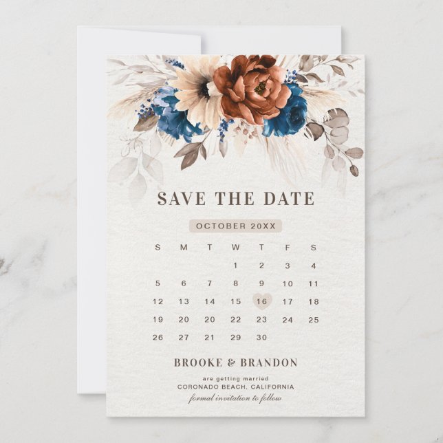 Terracotta Navy Blue Pampas Grass Rustic Wedding Save The Date (Front)