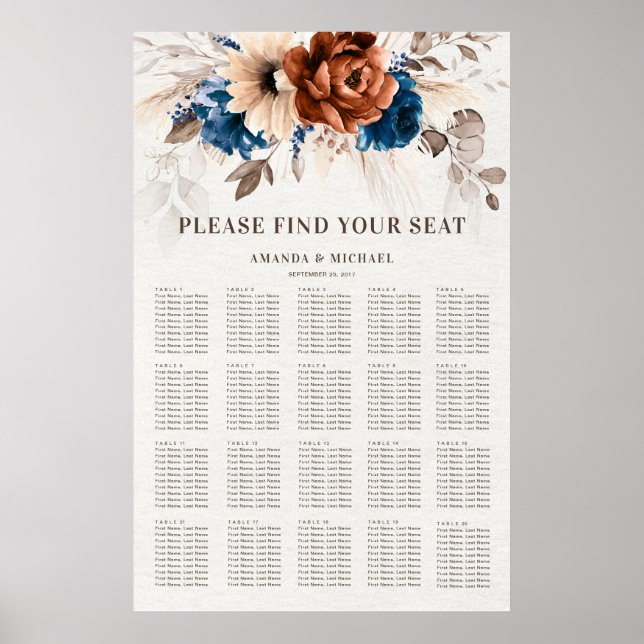 Terracotta Navy Blue Pampas Grass  Seating Chart (Front)
