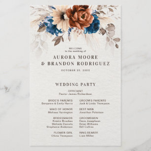 Terracotta Navy Blue Pampas Grass  Wedding Program