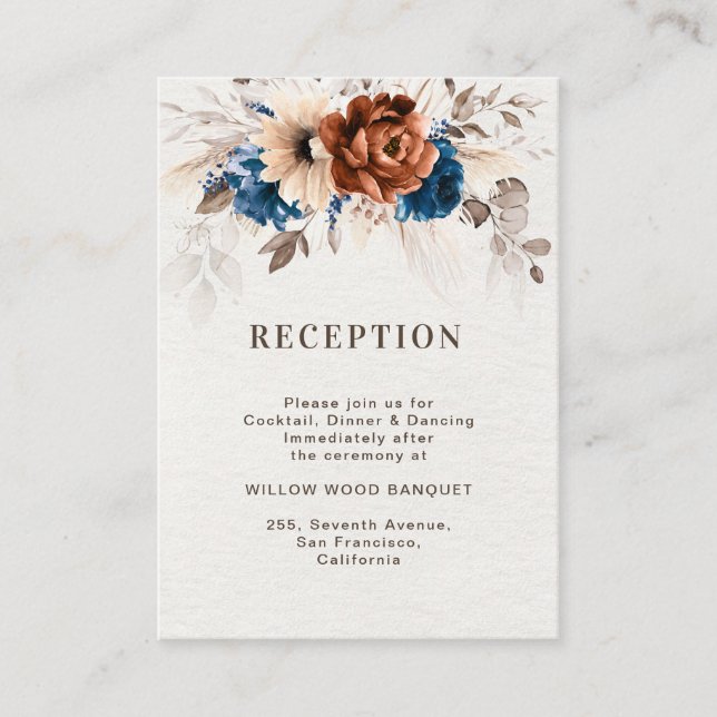 Terracotta Navy Blue Rustic wedding  reception Enclosure Card (Front)
