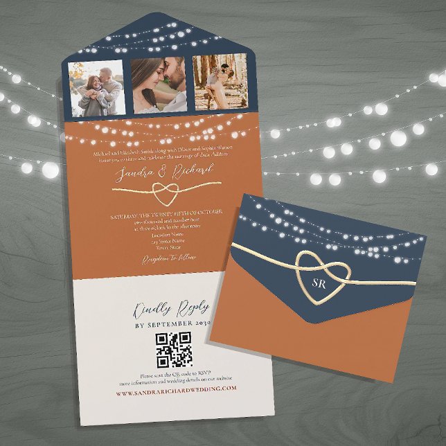 Terracotta Navy Blue String Lights Wedding QR Code All In One Invitation (Creator Uploaded)