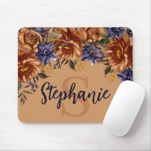 Terracotta Navy Blue Watercolor Floral Monogram  Mouse Mat
