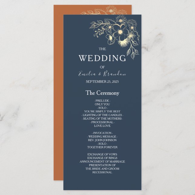 Terracotta Navy Blue Wedding Program Programme (Front/Back)