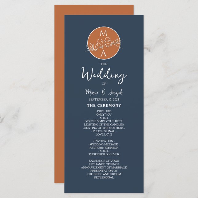 Terracotta Navy Blue Wedding Program Programme (Front/Back)