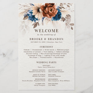 Terracotta Navy Blue Wedding Program With Menu