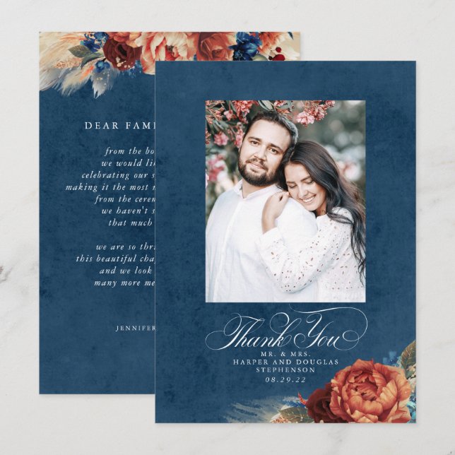 Terracotta Navy Blue Wedding Thank You Photo (Front/Back)