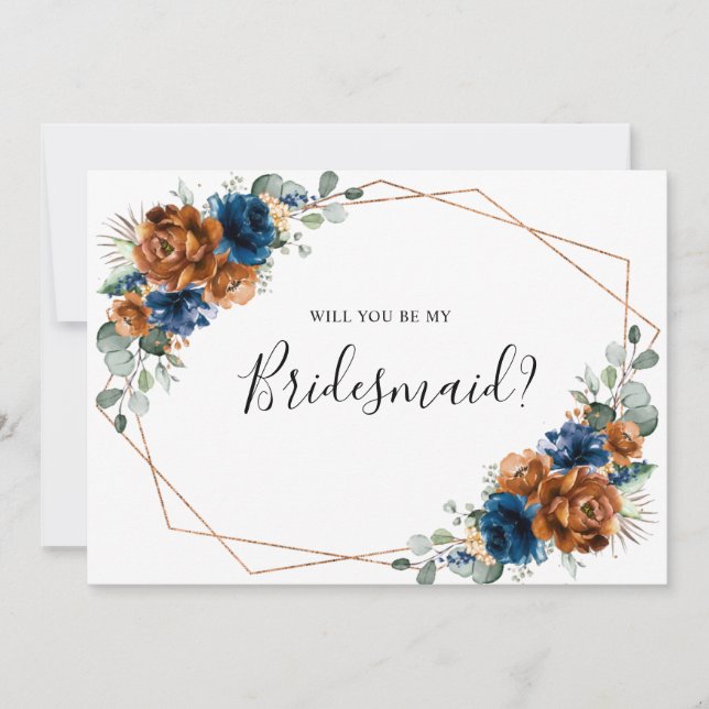 Terracotta Navy Blue Will You Be My Bridesmaid Invitation (Front)