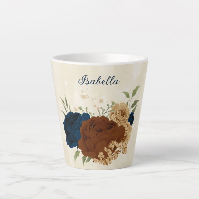 terracotta navy floral  latte mug (Front)