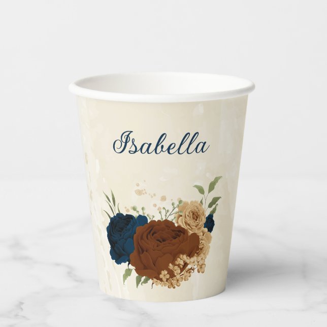 terracotta navy floral  paper cups (Front)
