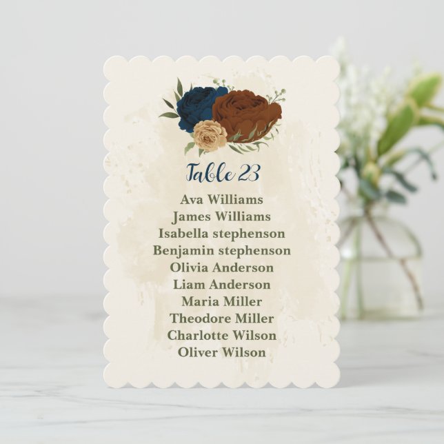 terracotta navy floral seating chart card (Standing Front)