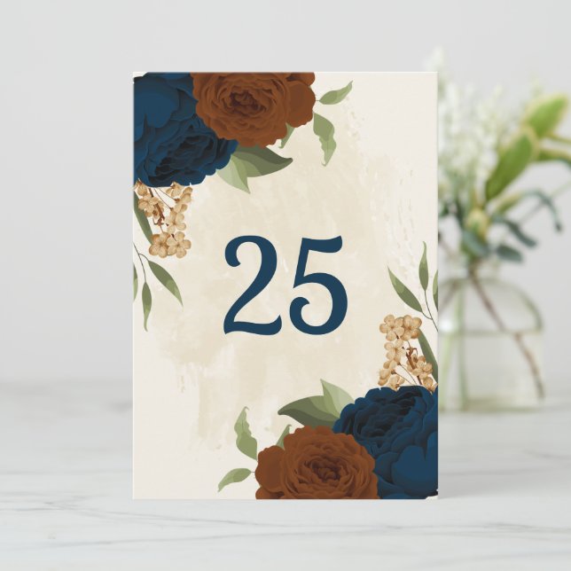 terracotta navy floral table number card (Standing Front)