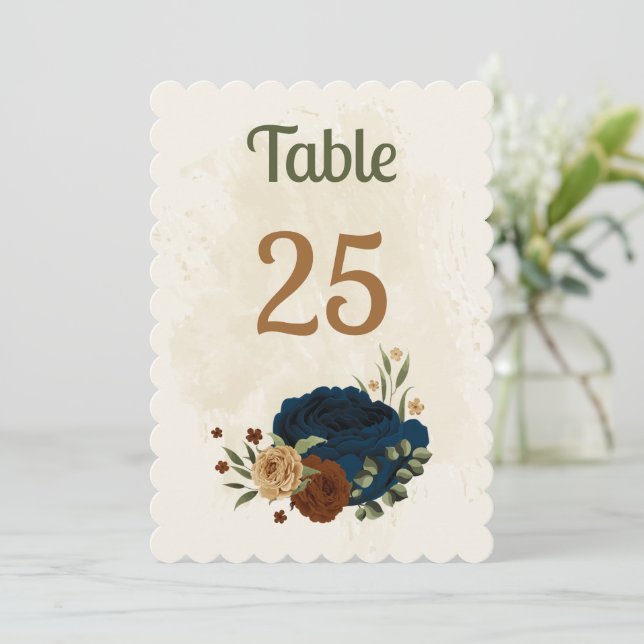 terracotta navy floral table number card (Standing Front)
