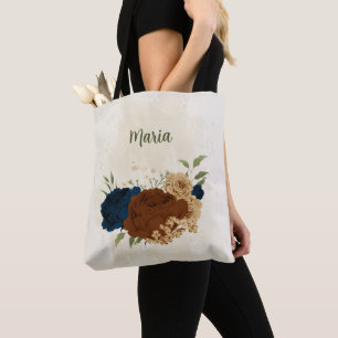terracotta navy floral tote bag