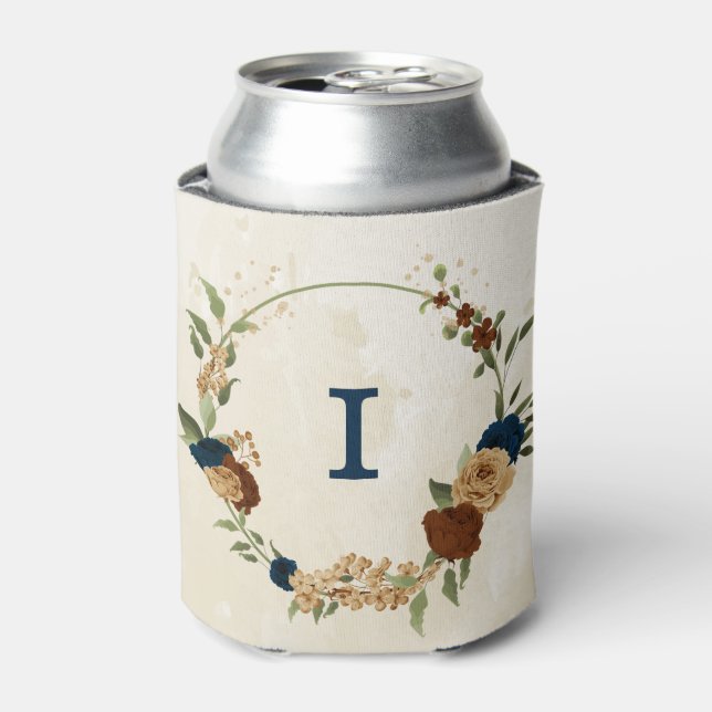 terracotta navy floral wedding can cooler (Can Front)