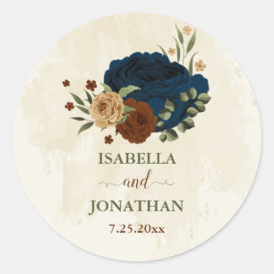 terracotta navy floral wedding classic round sticker