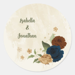 terracotta navy floral wedding classic round sticker
