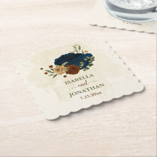 terracotta navy floral wedding paper coaster