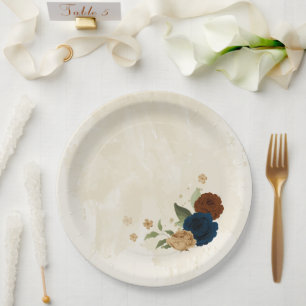 terracotta navy floral wedding paper plate