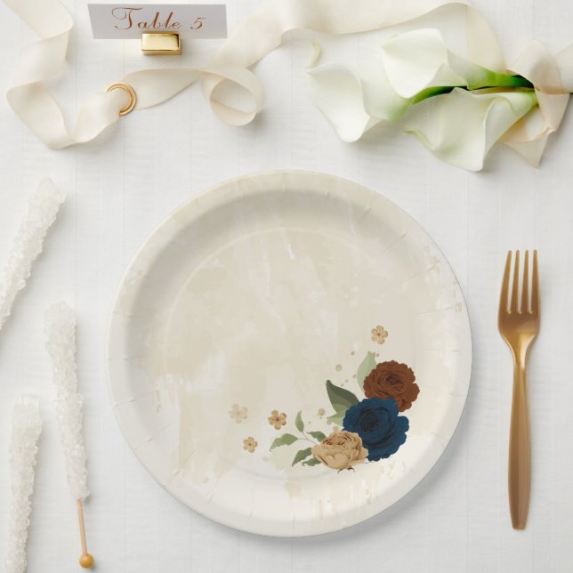 terracotta navy floral wedding paper plate (Wedding)