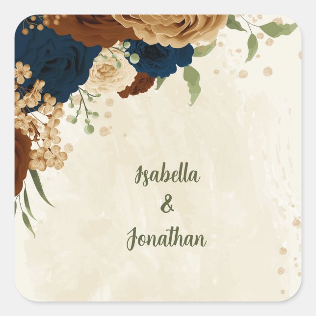 terracotta navy floral wedding square sticker (Front)