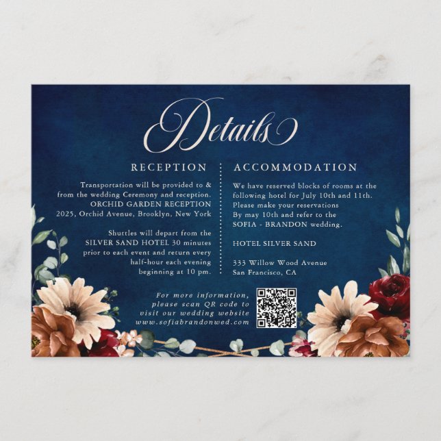 Terracotta Navy Greenery Burgundy Wedding Details  Enclosure Card (Front)