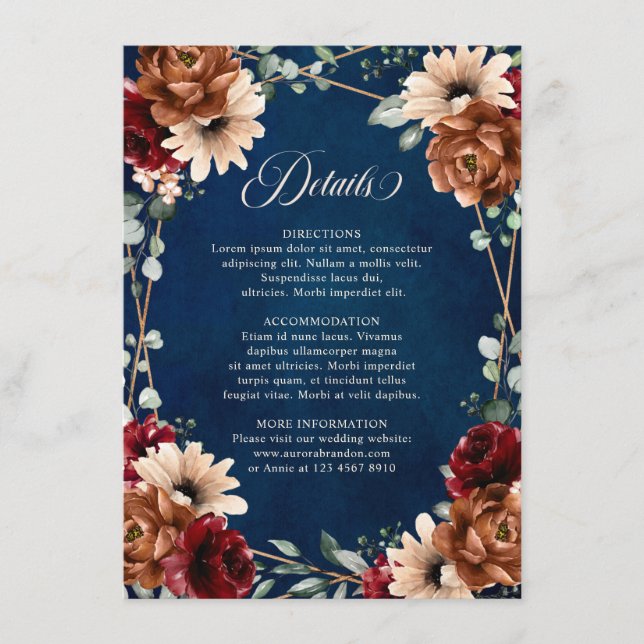 Terracotta Navy Greenery Burgundy Wedding Details Enclosure Card (Front)