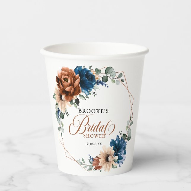 Terracotta Navy Greenery Geometric Bridal Shower Paper Cups (Front)