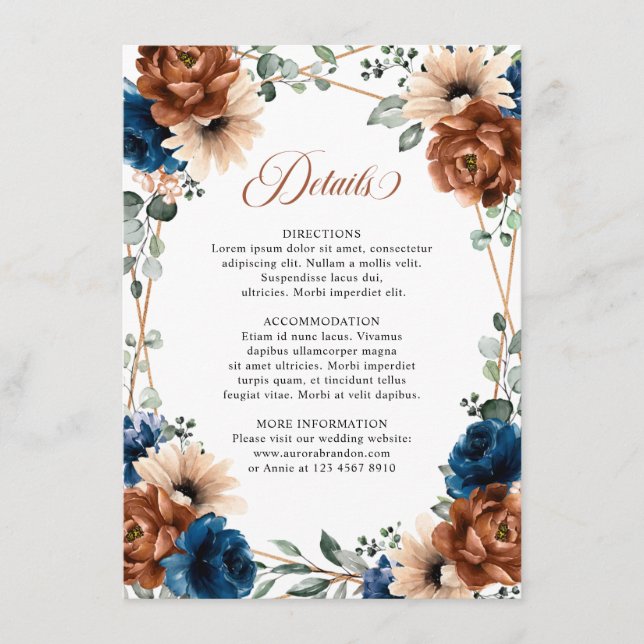 Terracotta Navy Greenery Geometric Wedding Details Enclosure Card (Front)
