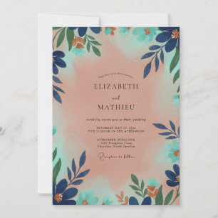 Terracotta Navy Leafy Wedding Invitation