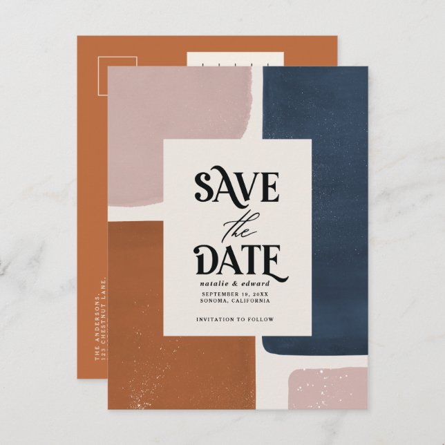 Terracotta navy modern abstract typography announc announcement postcard (Front/Back)