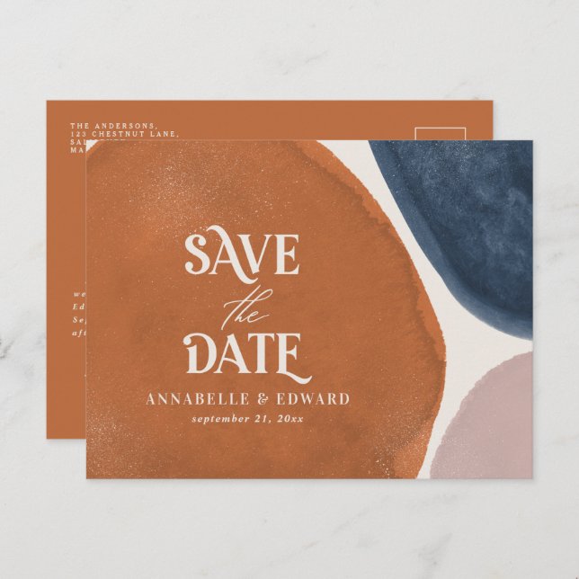 Terracotta navy modern abstract typography announcement postcard (Front/Back)
