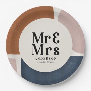 terracotta navy painterly abstract wedding mr mrs paper plate