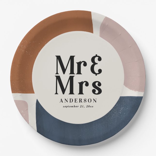 terracotta navy painterly abstract wedding mr mrs paper plate (Front)