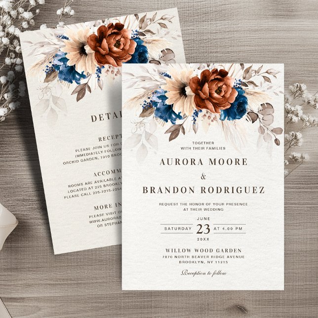 Terracotta Navy Pampas Grass All in One  Wedding Invitation (Terracotta Navy Pampas Grass All in One Details Wedding Invitation)