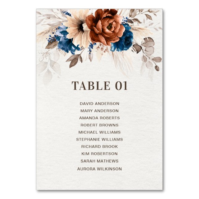 Terracotta Navy Pampas Grass Wedding Seating Chart Table Number (Front)