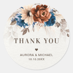 Terracotta Navy Pampas Grass Wedding Thank You Classic Round Sticker